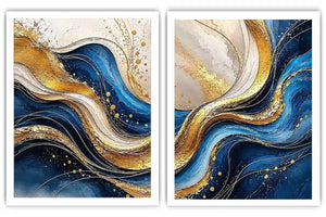 Blue and gold abstract wave canvas art for luxury modern living room decor.