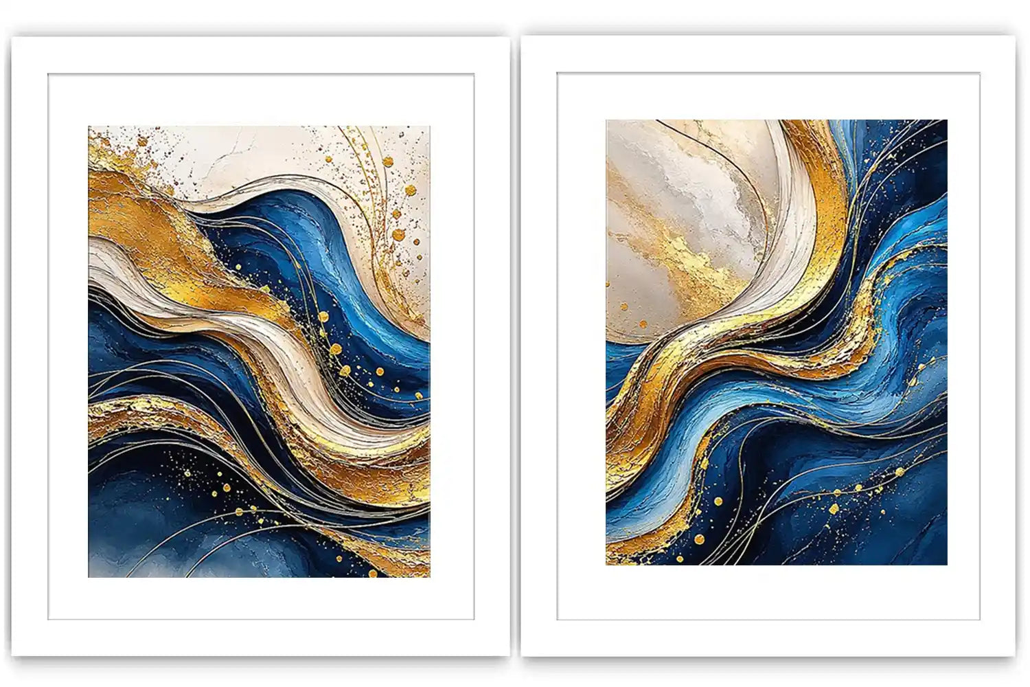 Blue and gold abstract wave canvas art for luxury modern living room decor.