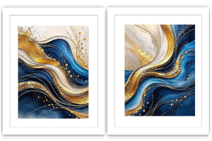 Blue and gold abstract wave canvas art for luxury modern living room decor.