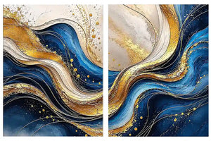 Blue and gold abstract wave canvas art for luxury modern living room decor.