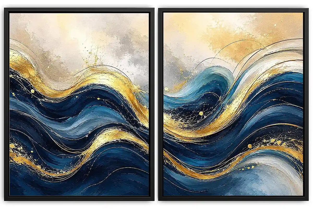 Blue and gold abstract wave canvas art for modern luxury living room decor.