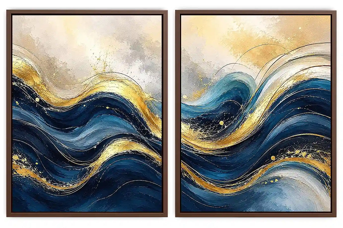 Blue and gold abstract wave canvas art for modern luxury living room decor.