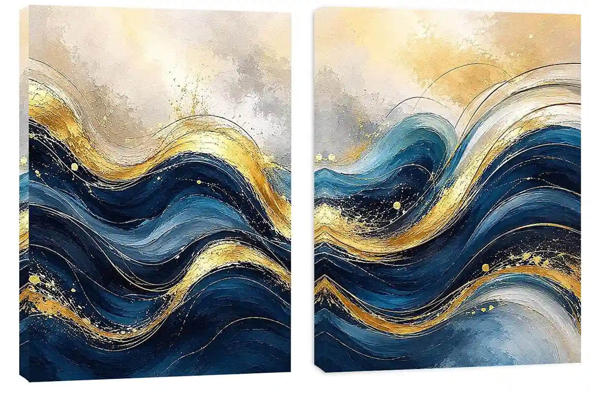 Blue and gold abstract wave canvas art for modern luxury living room decor.