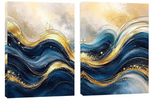 Blue and gold abstract wave canvas art for modern luxury living room decor.