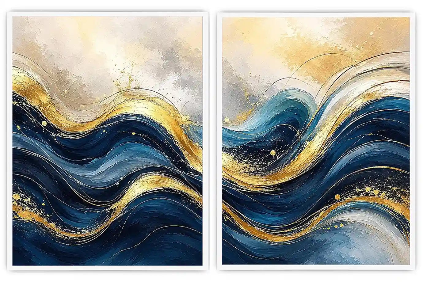 Blue and gold abstract wave canvas art for modern luxury living room decor.