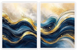 Blue and gold abstract wave canvas art for modern luxury living room decor.