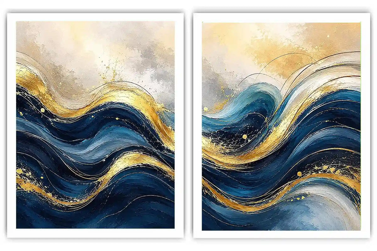 Blue and gold abstract wave canvas art for modern luxury living room decor.