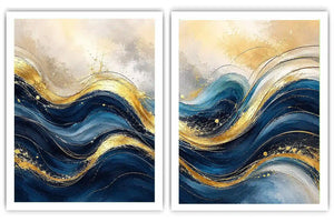 Blue and gold abstract wave canvas art for modern luxury living room decor.