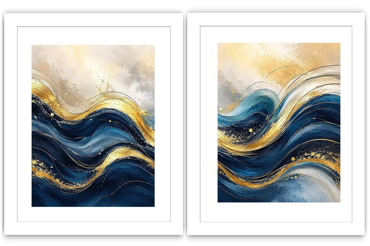 Blue and gold abstract wave canvas art for modern luxury living room decor.