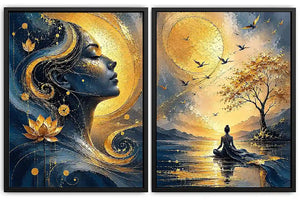 Blue and gold meditative woman canvas art with lotus, sun, birds, and calm landscape.