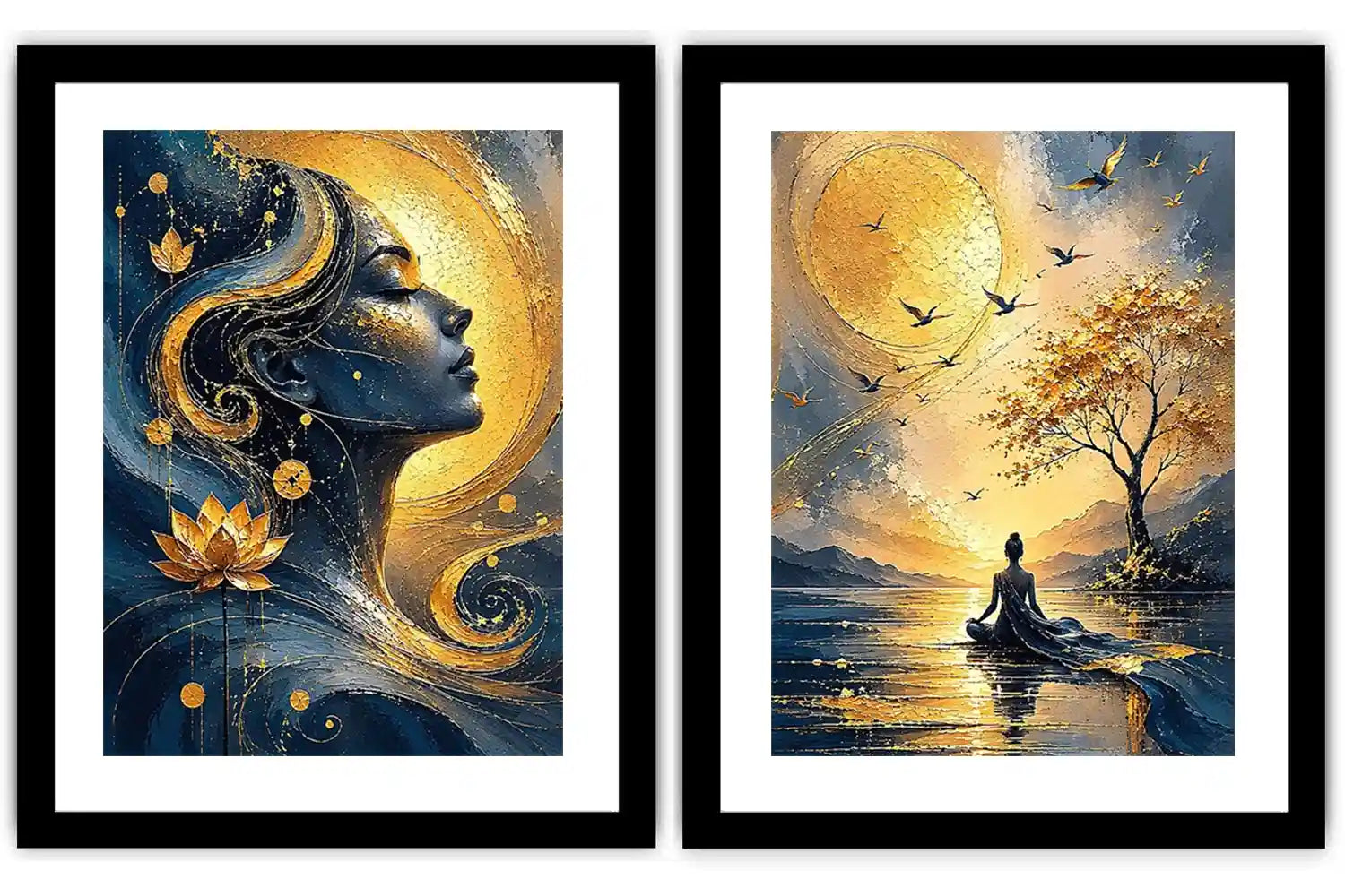 Blue and gold meditative woman canvas art with lotus, sun, birds, and calm landscape.