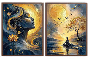 Blue and gold meditative woman canvas art with lotus, sun, birds, and calm landscape.