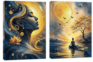 Blue and gold meditative woman canvas art with lotus, sun, birds, and calm landscape.
