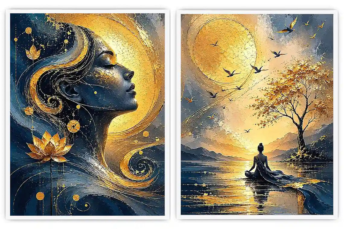 Blue and gold meditative woman canvas art with lotus, sun, birds, and calm landscape.