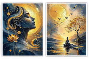Blue and gold meditative woman canvas art with lotus, sun, birds, and calm landscape.