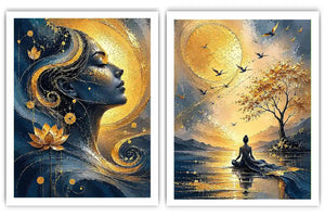 Blue and gold meditative woman canvas art with lotus, sun, birds, and calm landscape.