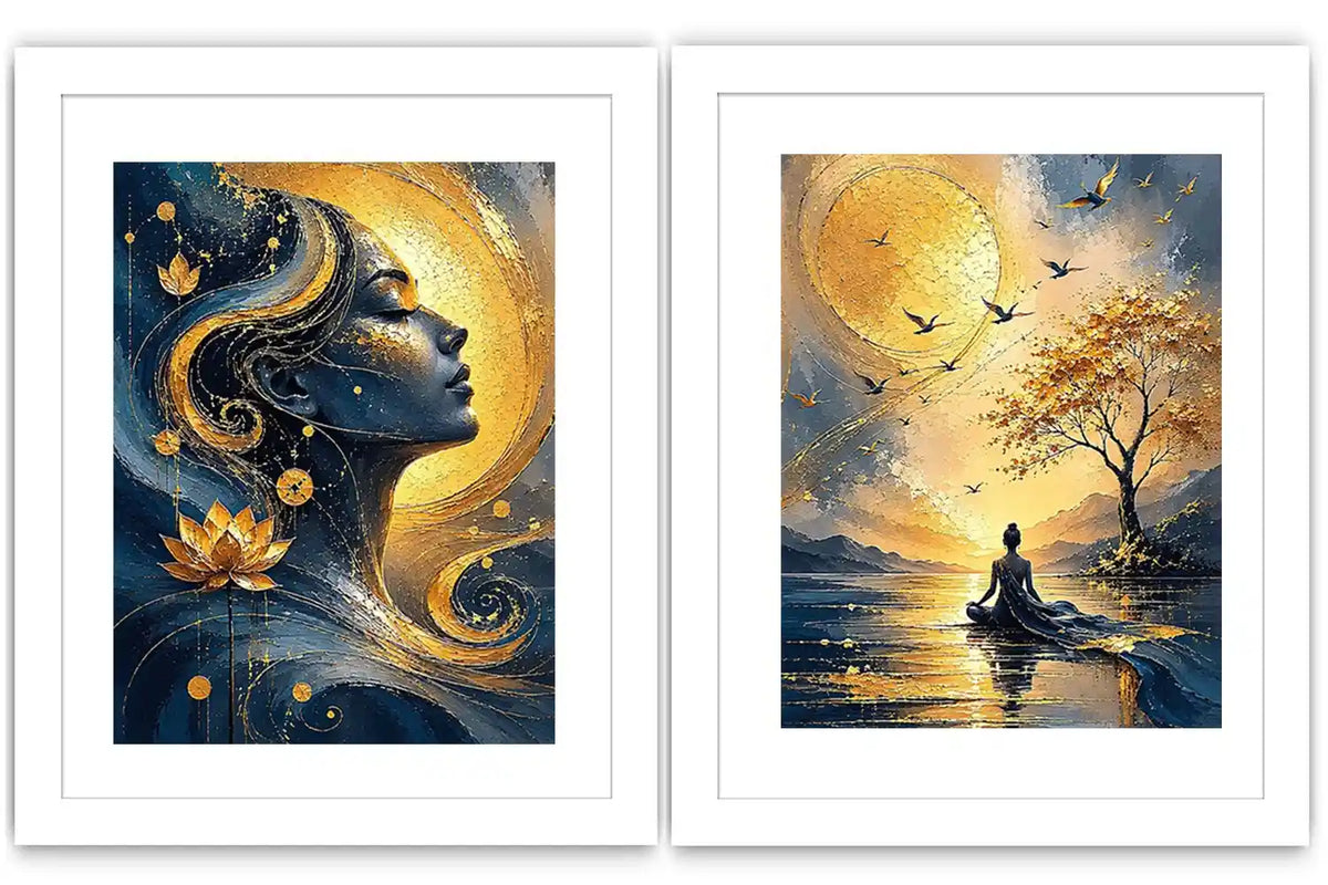 Blue and gold meditative woman canvas art with lotus, sun, birds, and calm landscape.