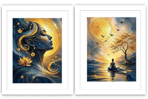 Blue and gold meditative woman canvas art with lotus, sun, birds, and calm landscape.