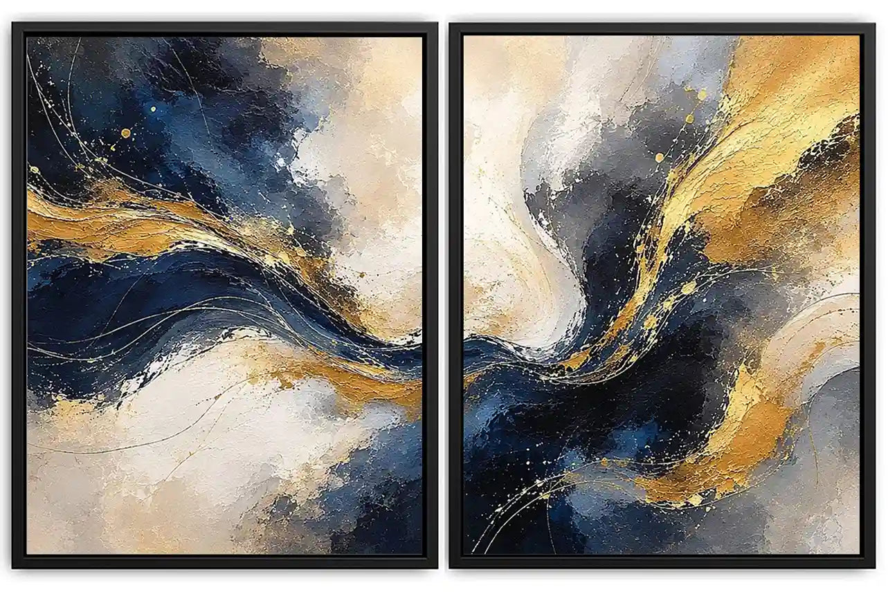 Navy blue and gold abstract canvas art with flowing texture for luxury living room decor.