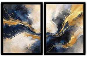 Navy blue and gold abstract canvas art with flowing texture for luxury living room decor.