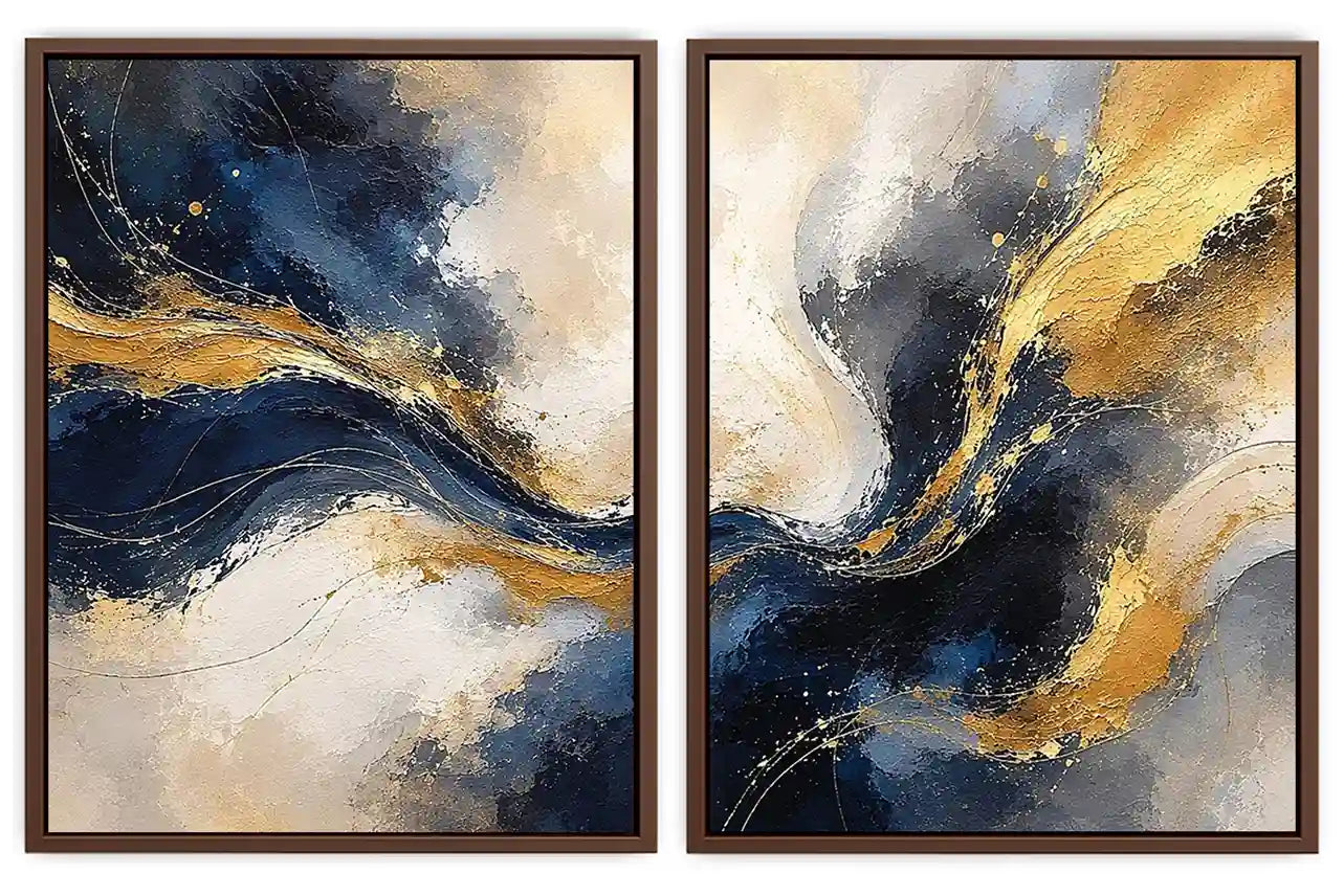 Navy blue and gold abstract canvas art with flowing texture for luxury living room decor.