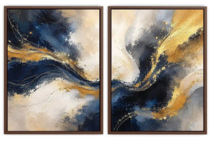 Navy blue and gold abstract canvas art with flowing texture for luxury living room decor.