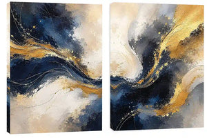 Navy blue and gold abstract canvas art with flowing texture for luxury living room decor.