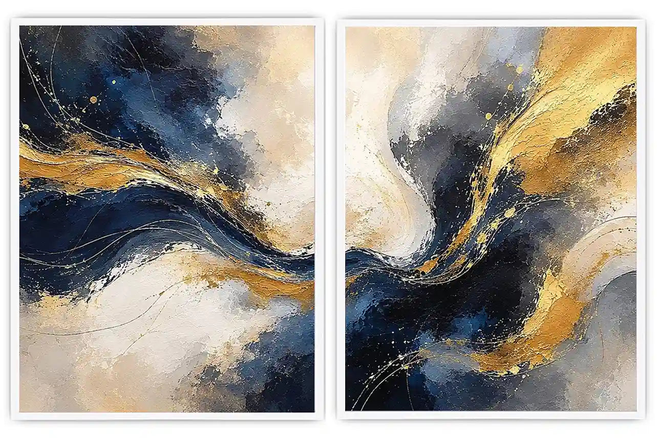 Navy blue and gold abstract canvas art with flowing texture for luxury living room decor.
