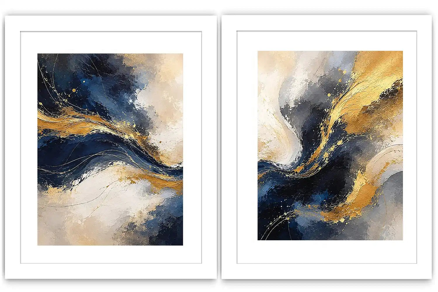 Navy blue and gold abstract canvas art with flowing texture for luxury living room decor.