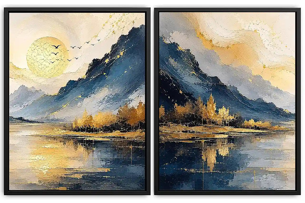 Blue and gold mountain lake canvas art with sun, birds, trees, and calm water for living room decor.