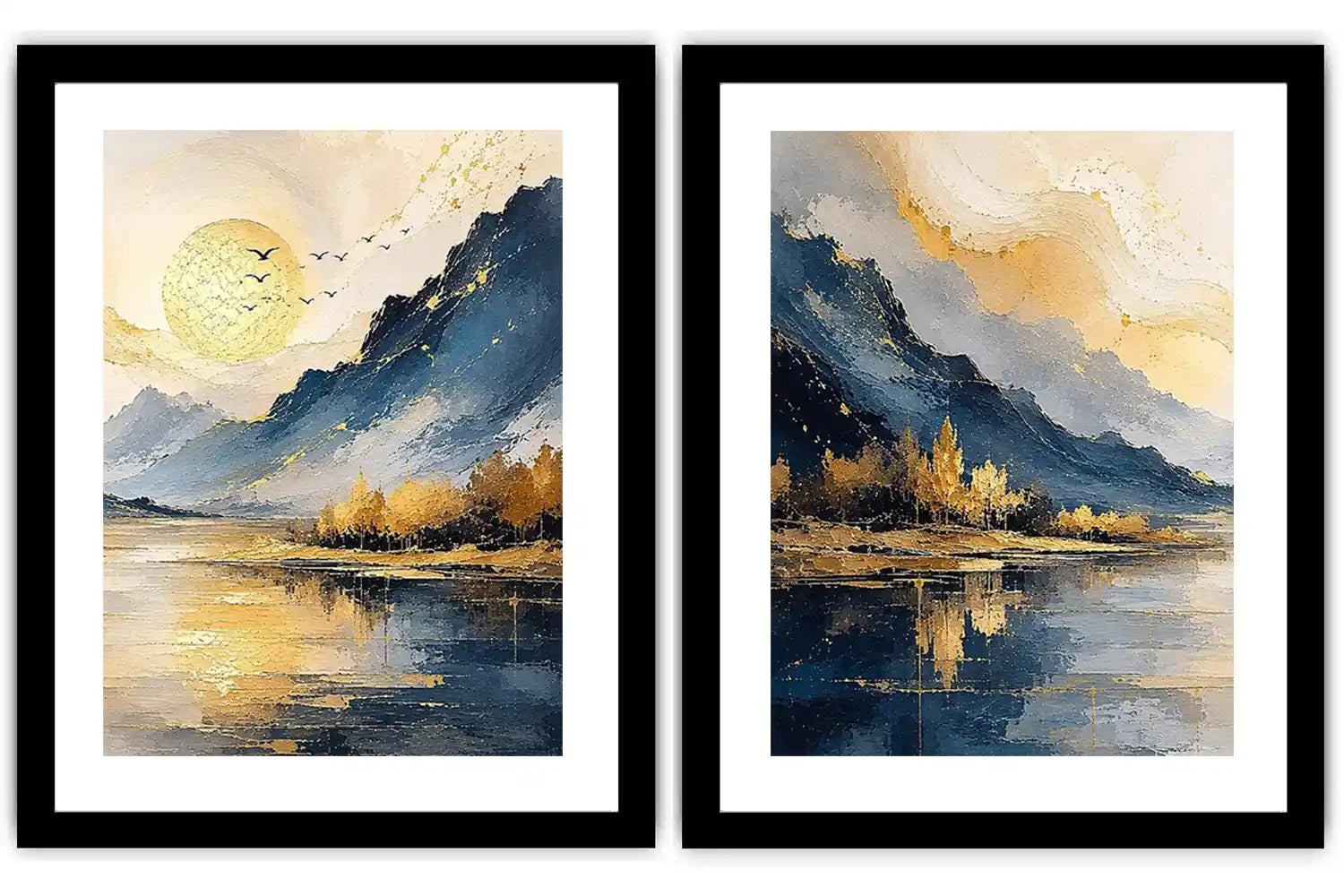 Blue and gold mountain lake canvas art with sun, birds, trees, and calm water for living room decor.