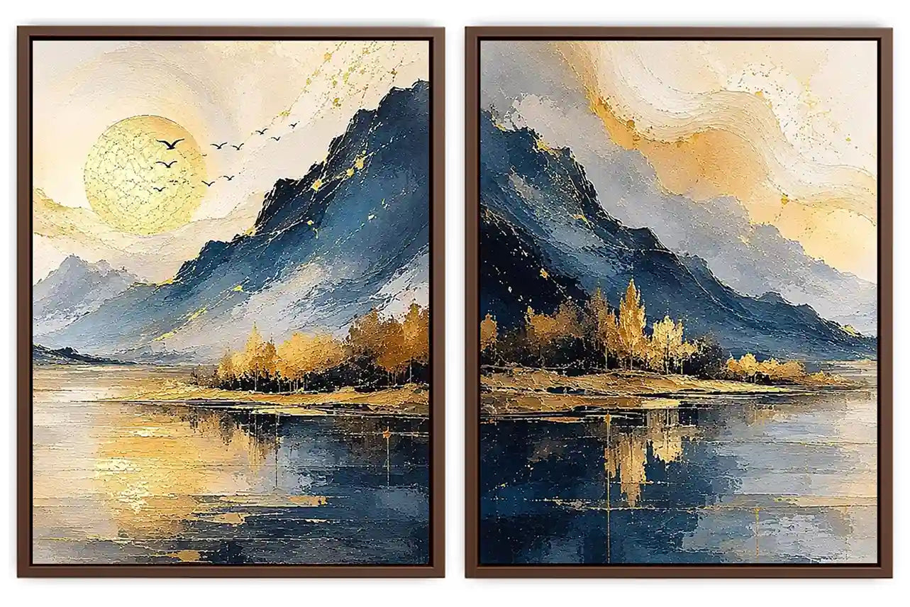 Blue and gold mountain lake canvas art with sun, birds, trees, and calm water for living room decor.