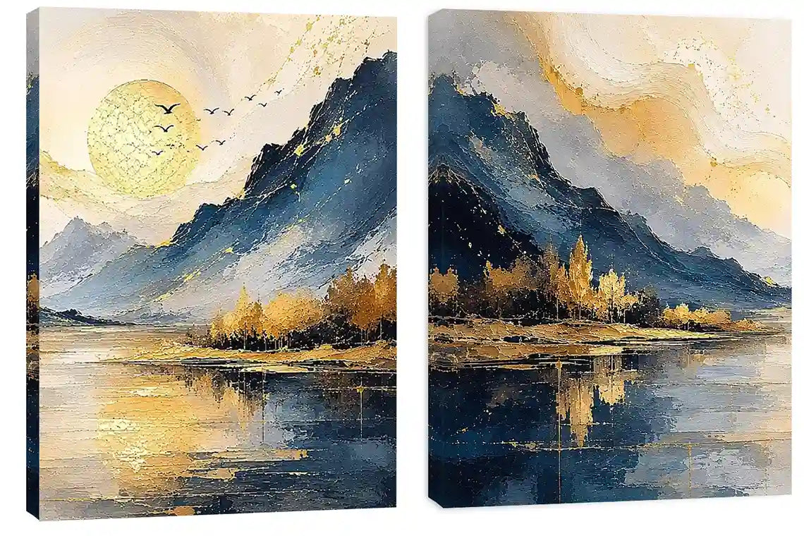 Blue and gold mountain lake canvas art with sun, birds, trees, and calm water for living room decor.