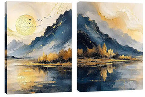 Blue and gold mountain lake canvas art with sun, birds, trees, and calm water for living room decor.