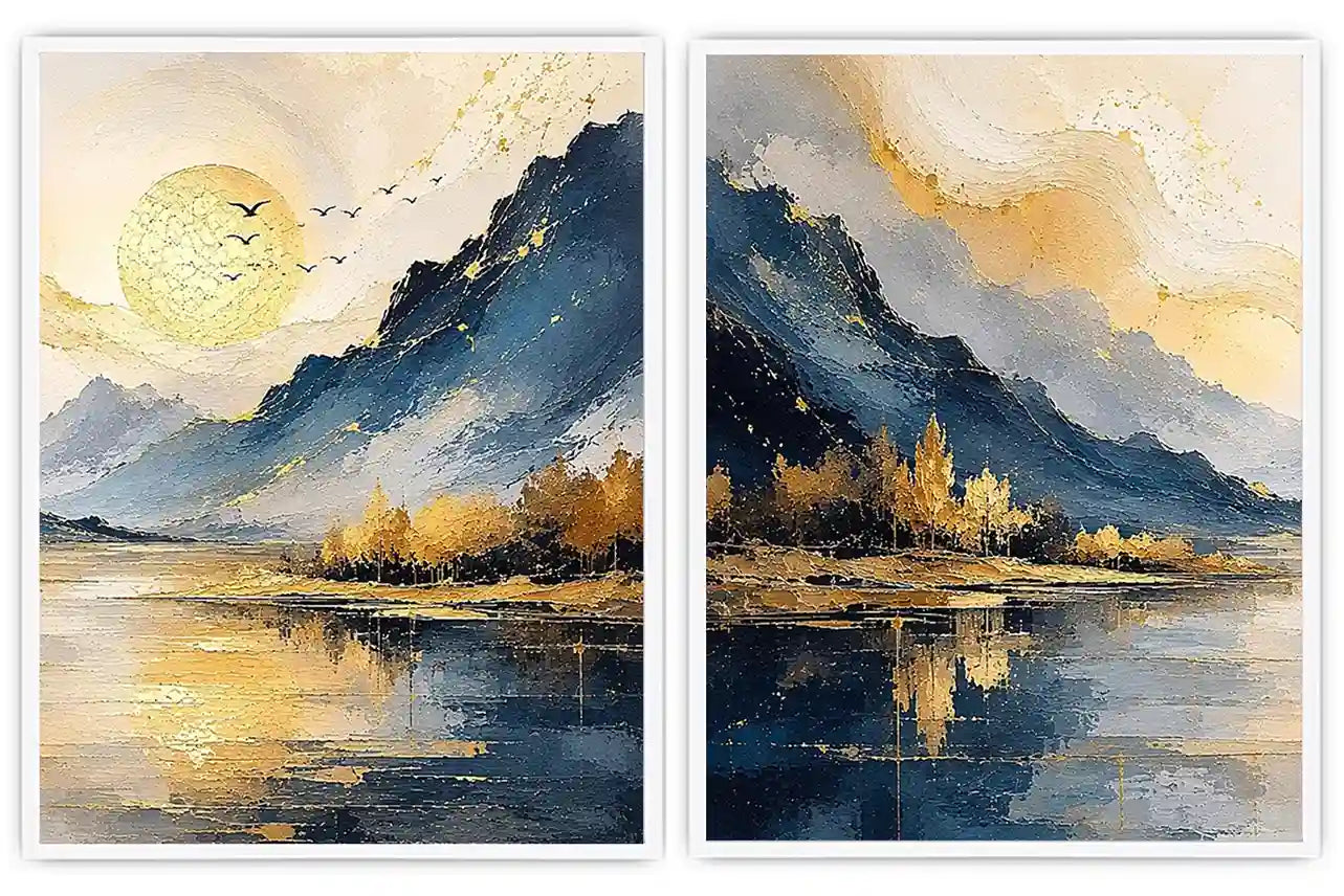 Blue and gold mountain lake canvas art with sun, birds, trees, and calm water for living room decor.