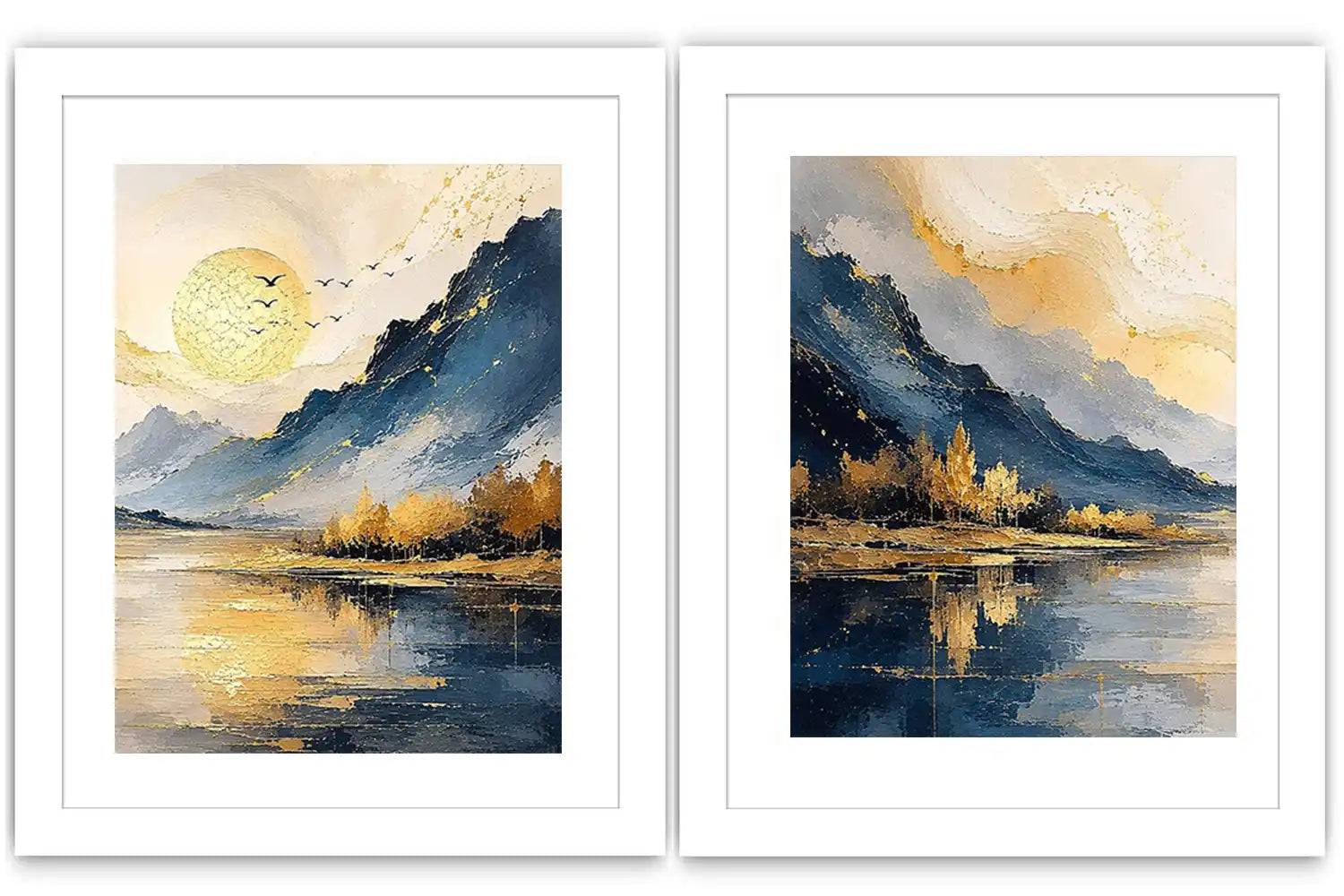 Blue and gold mountain lake canvas art with sun, birds, trees, and calm water for living room decor.