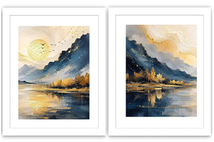 Blue and gold mountain lake canvas art with sun, birds, trees, and calm water for living room decor.
