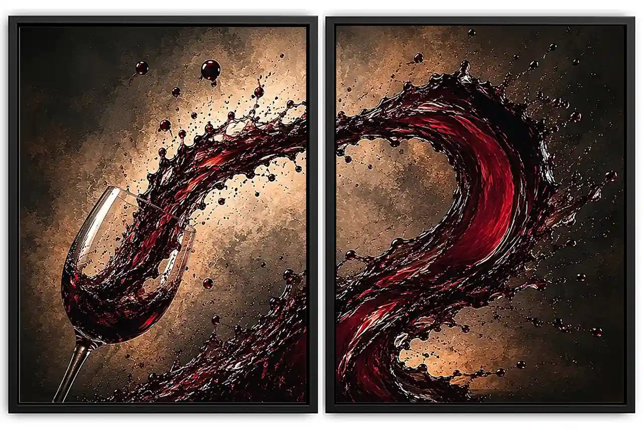 Red wine splash canvas art with glass for modern dining room and home bar decor.