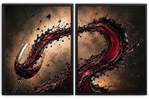 Red wine splash canvas art with glass for modern dining room and home bar decor.