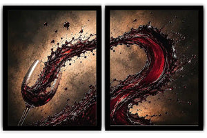 Red wine splash canvas art with glass for modern dining room and home bar decor.