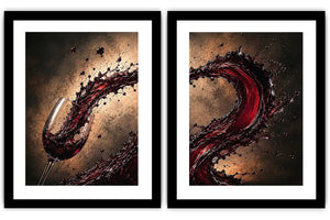 Red wine splash canvas art with glass for modern dining room and home bar decor.