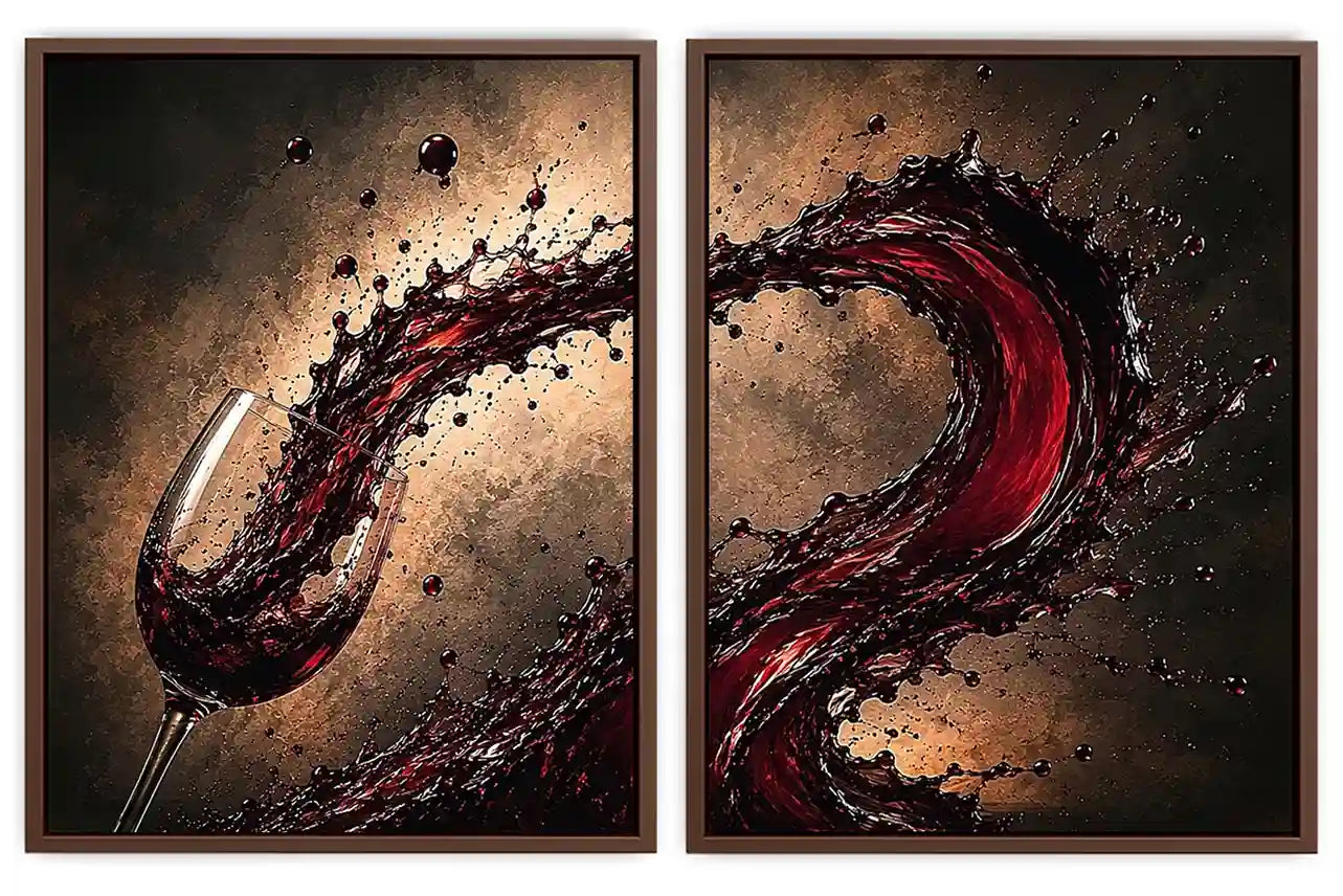 Red wine splash canvas art with glass for modern dining room and home bar decor.