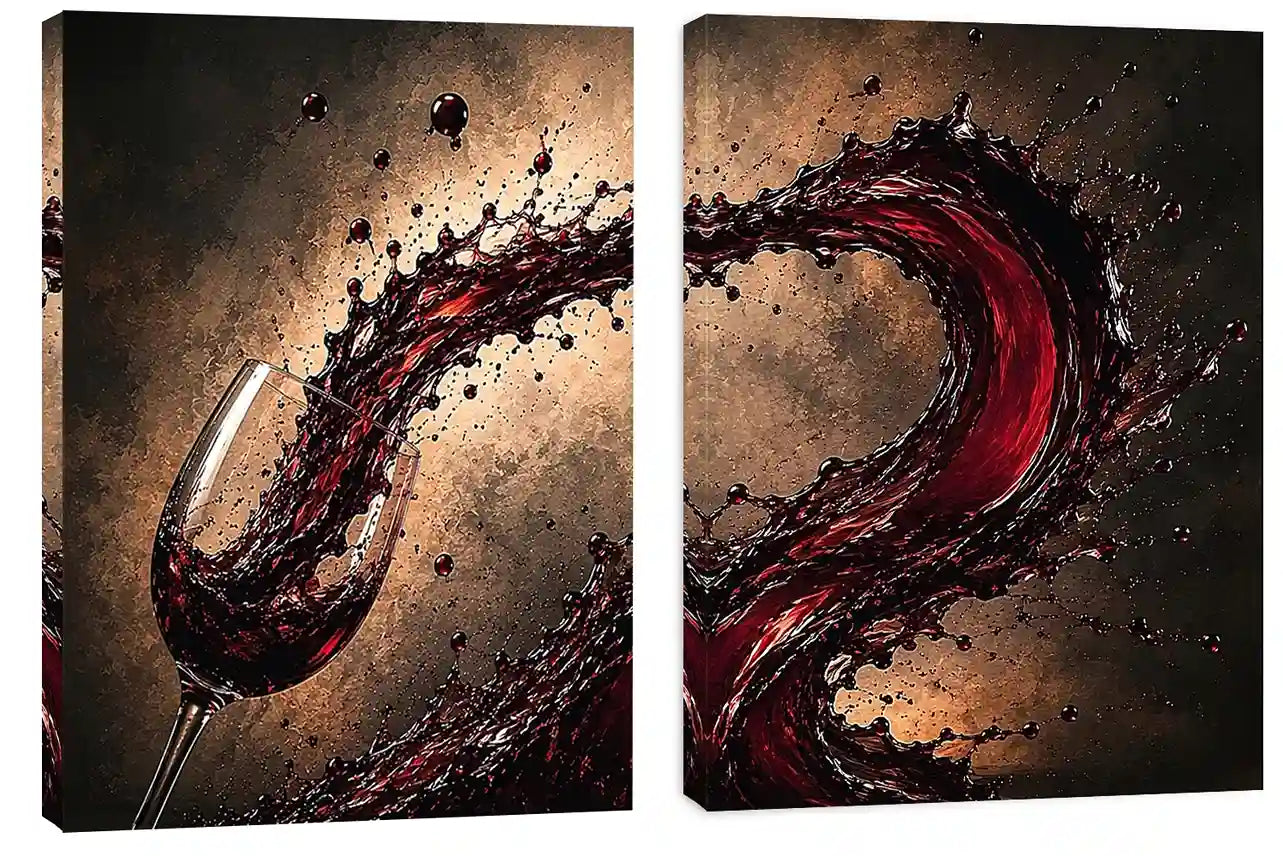 Red wine splash canvas art with glass for modern dining room and home bar decor.