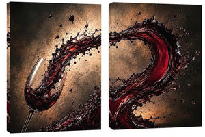Red wine splash canvas art with glass for modern dining room and home bar decor.