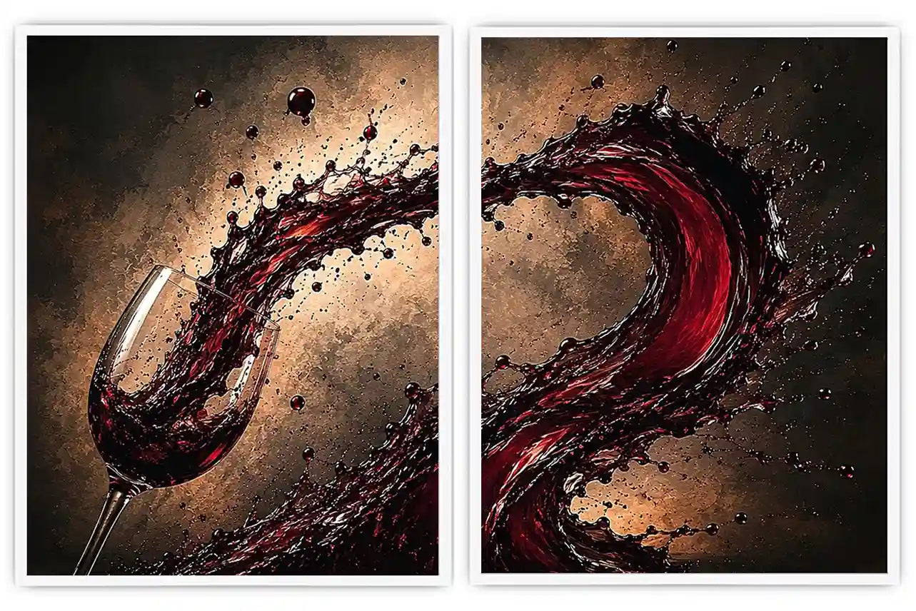 Red wine splash canvas art with glass for modern dining room and home bar decor.