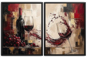 Red wine canvas art with grapes, bottle, and wine glasses for dining room and home bar decor.