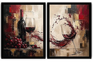 Red wine canvas art with grapes, bottle, and wine glasses for dining room and home bar decor.