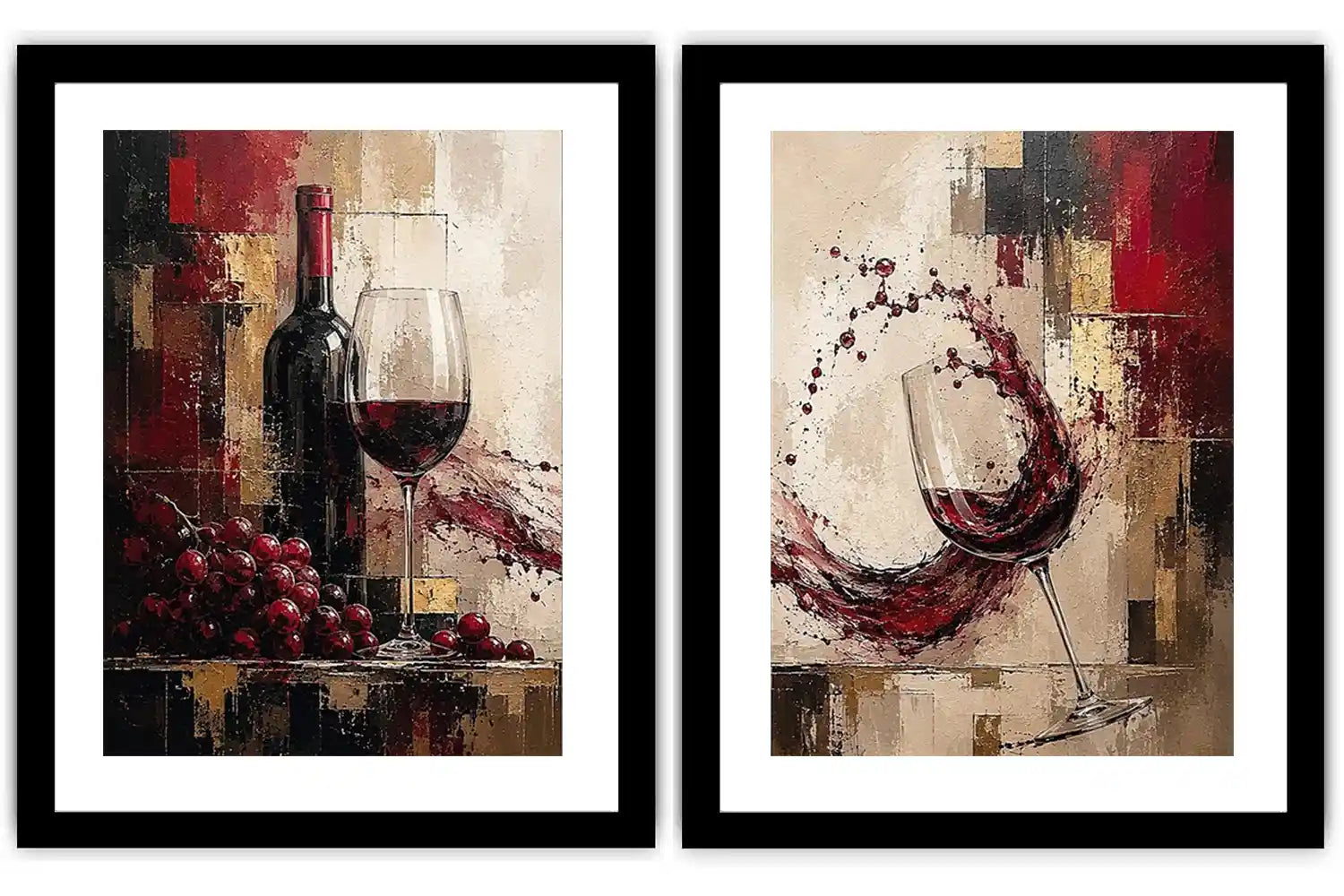 Red wine canvas art with grapes, bottle, and wine glasses for dining room and home bar decor.