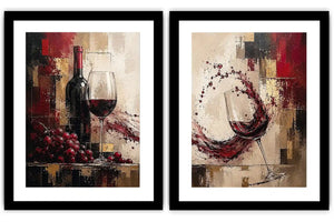 Red wine canvas art with grapes, bottle, and wine glasses for dining room and home bar decor.