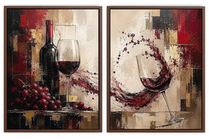 Red wine canvas art with grapes, bottle, and wine glasses for dining room and home bar decor.